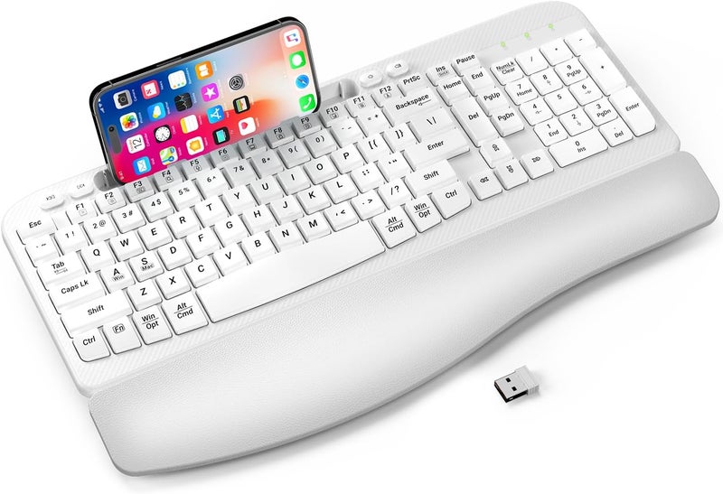EAYBLLY Ergonomic Wireless Keyboard with Cushioned Wrist Rest, Wave Keys, Phone Holder, Comfortable Natural Typing, 2.4GHz Full Size Cordless USB Computer Keyboard for Windows, Mac OS, Laptop, PC (White) - Image 1